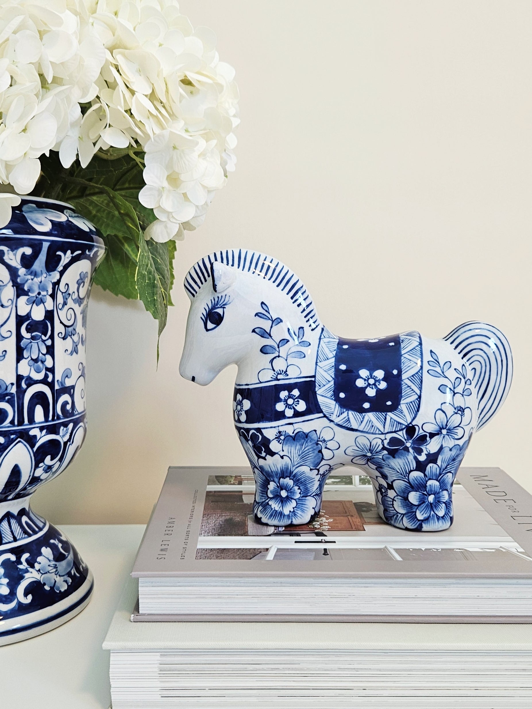 Blue and White Chinoiserie Porcelain Horse Figurine.