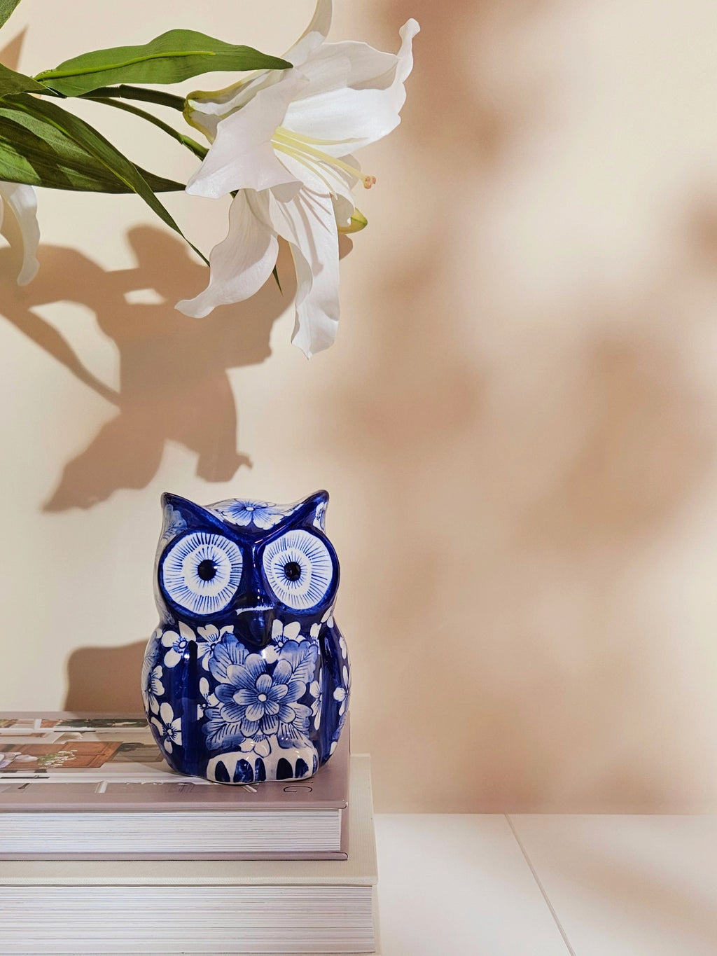 A blue and white ceramic owl figurine sitting on top of a stack of books, with a white lily flower casting a shadow on a beige wall in the background.