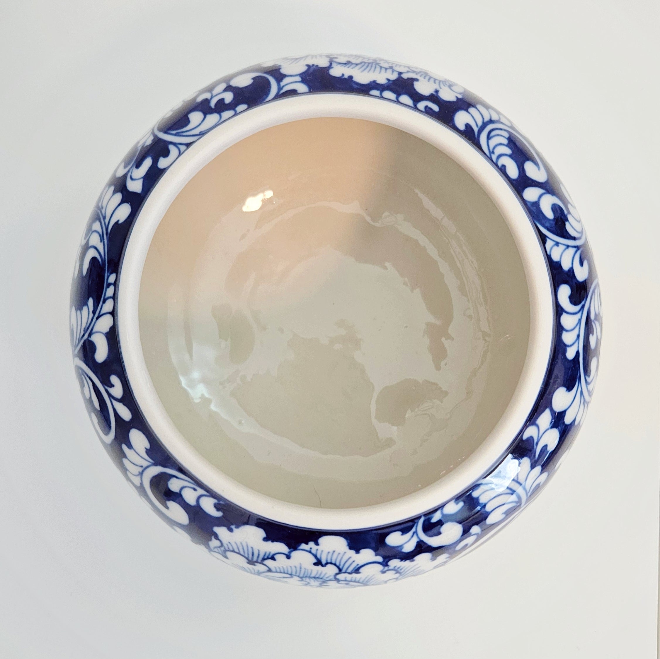 the top view of round chinoiserie porcelain jar with dragonfly lid featuring interior glaze