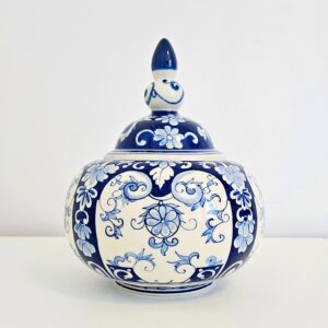 Jade Hand-painted blue and white chinoiserie ceramic canister, jar with lid with unique motif