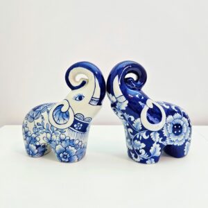 Set of 2 Hand-painted blue and white chinoiserie porcelain elephant figurines
