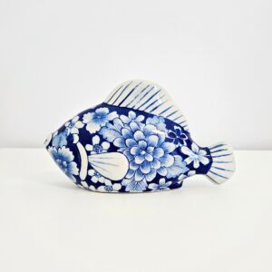 Hand-painted chinoiserie blue and white ceramic fish figurine