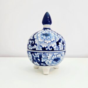 Hand-painted blue and white chinoiserie ceramic canister