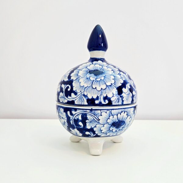 Hand-painted blue and white chinoiserie ceramic canister