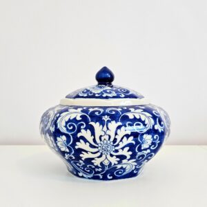 Hand-painted blue and white chinoiserie ceramic canister