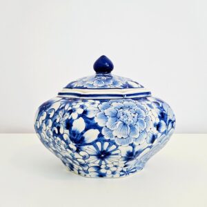 Hand-painted blue and white chinoiserie ceramic canister