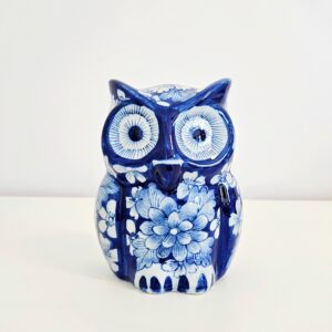 Hand-painted Blue and white chinoiserie ceramic owl figurine with floral motif